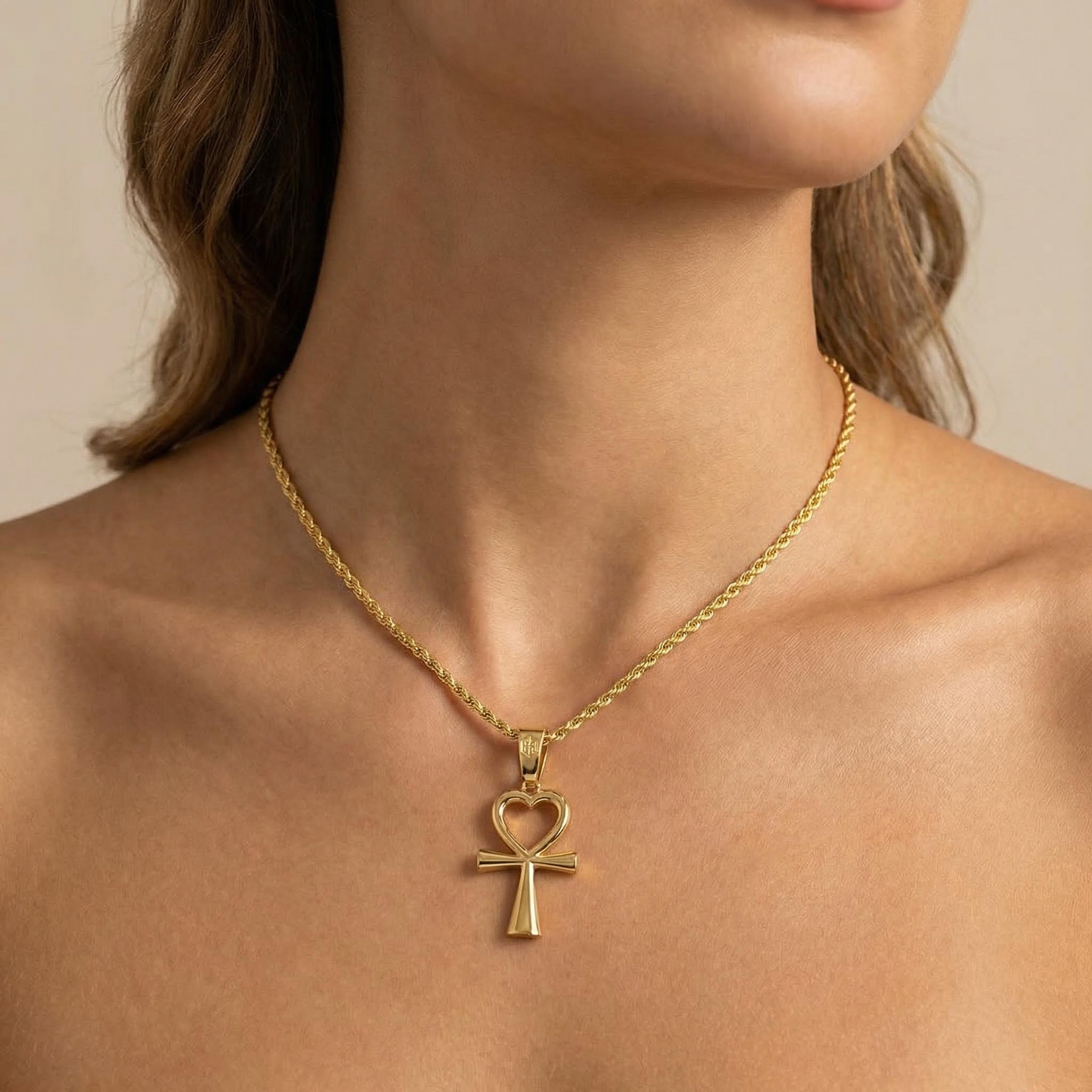 Women's Heart Shape Ankh Cross Pendant In Gold With Street Luxury Shine - Image 3