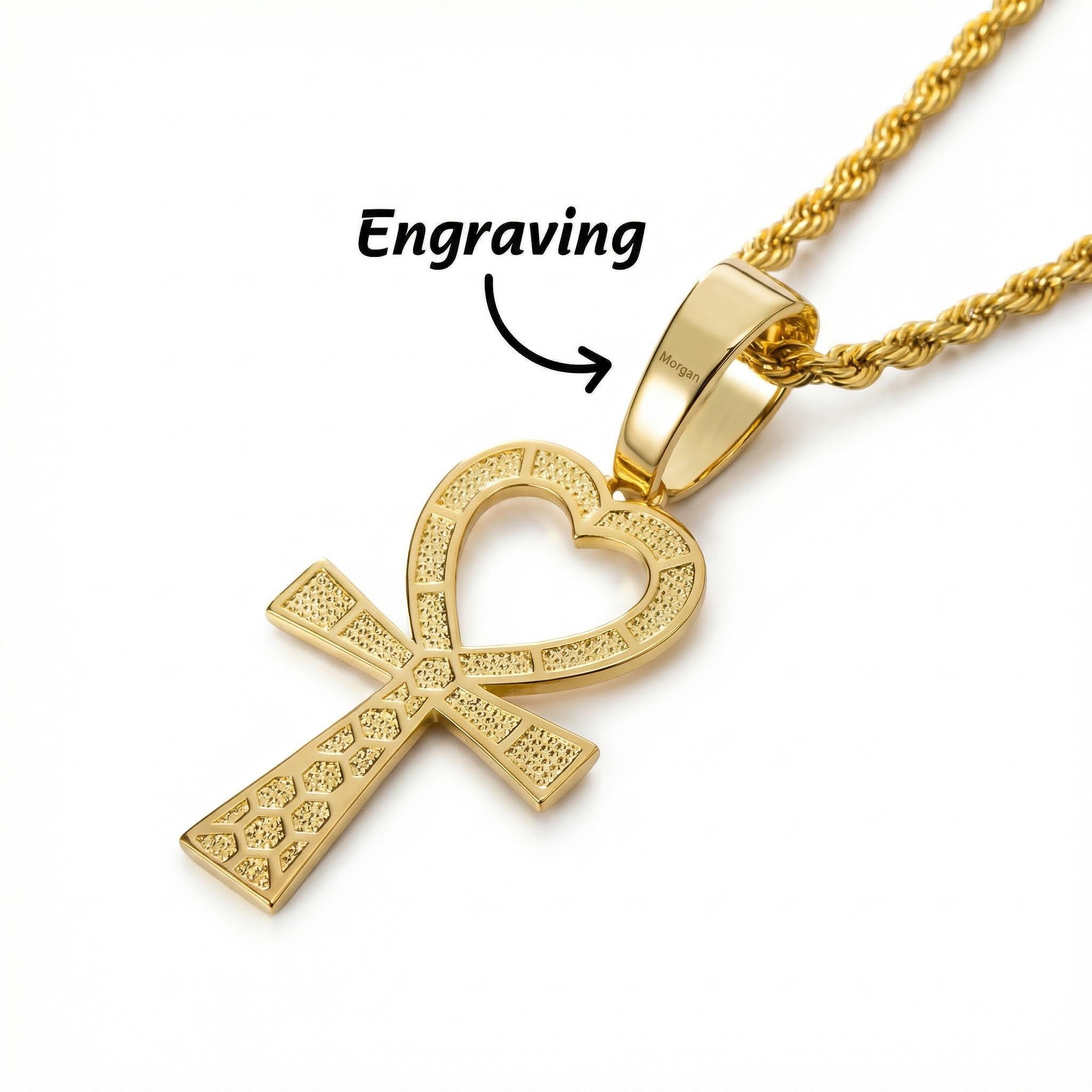 Women's Heart Shape Ankh Cross Pendant In Gold With Street Luxury Shine - Image 5