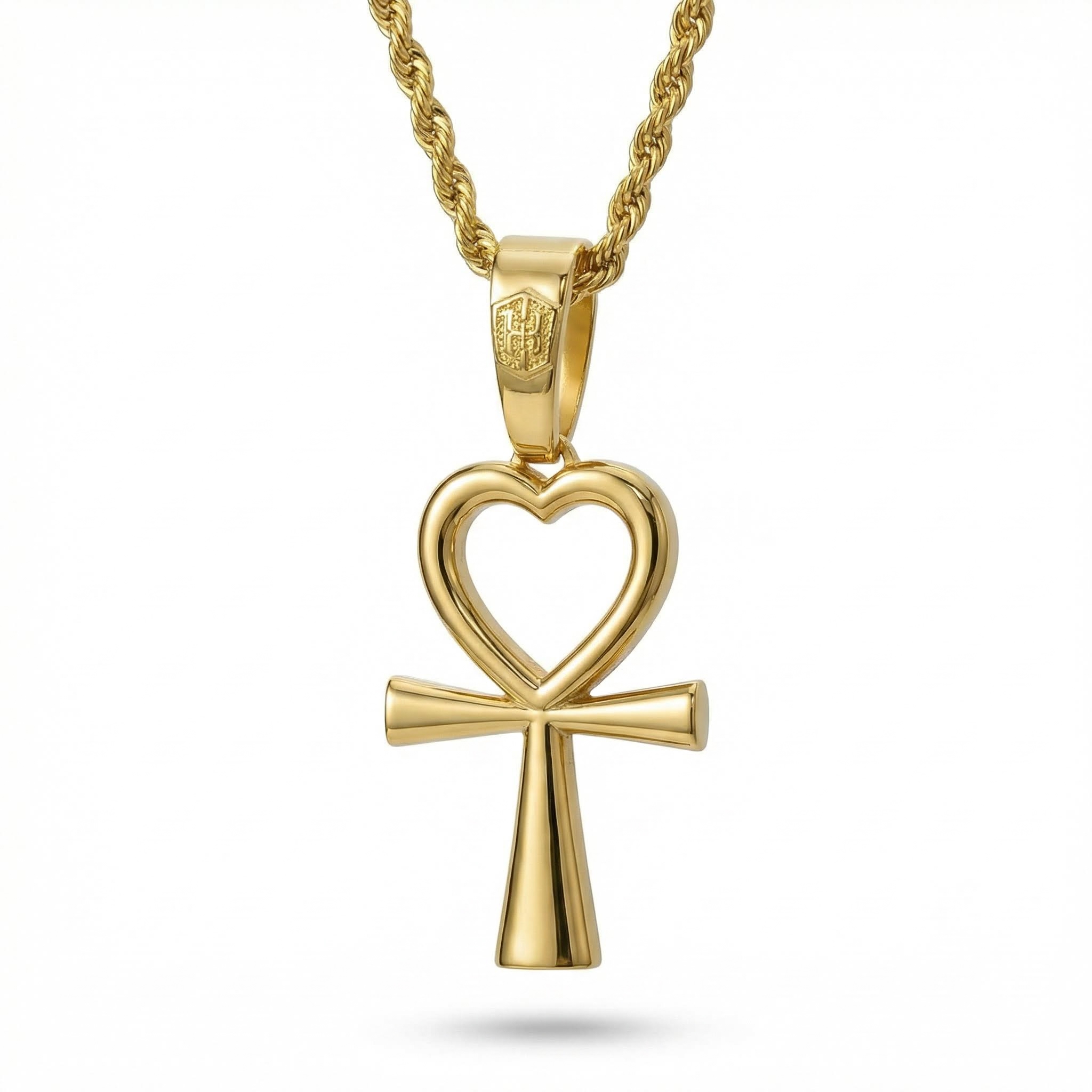 Women's Heart Shape Ankh Cross Pendant In Gold With Street Luxury Shine