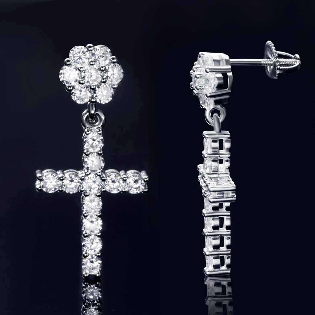 Women's Flower Cluster Cross Earrings In White Gold With Gold Shine - Image 3