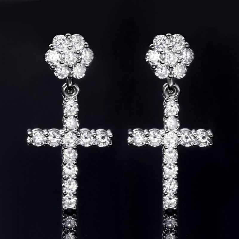 Women's Flower Cluster Cross Earrings In White Gold With Gold Shine