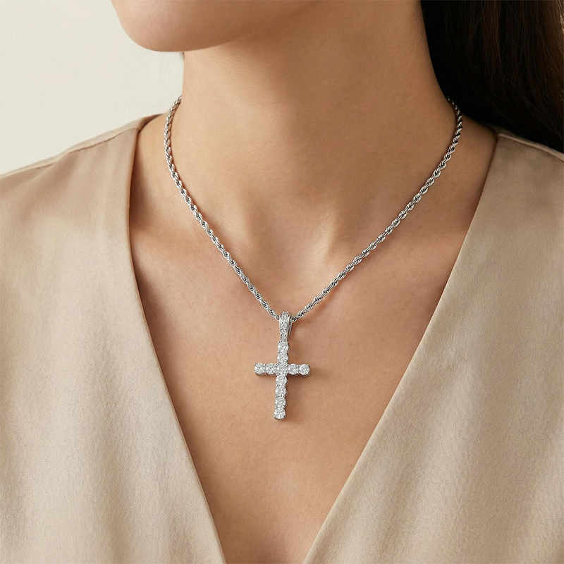 Women's Brilliant Cut Cross Pendant In White Gold With Street Luxury Shine - Image 3