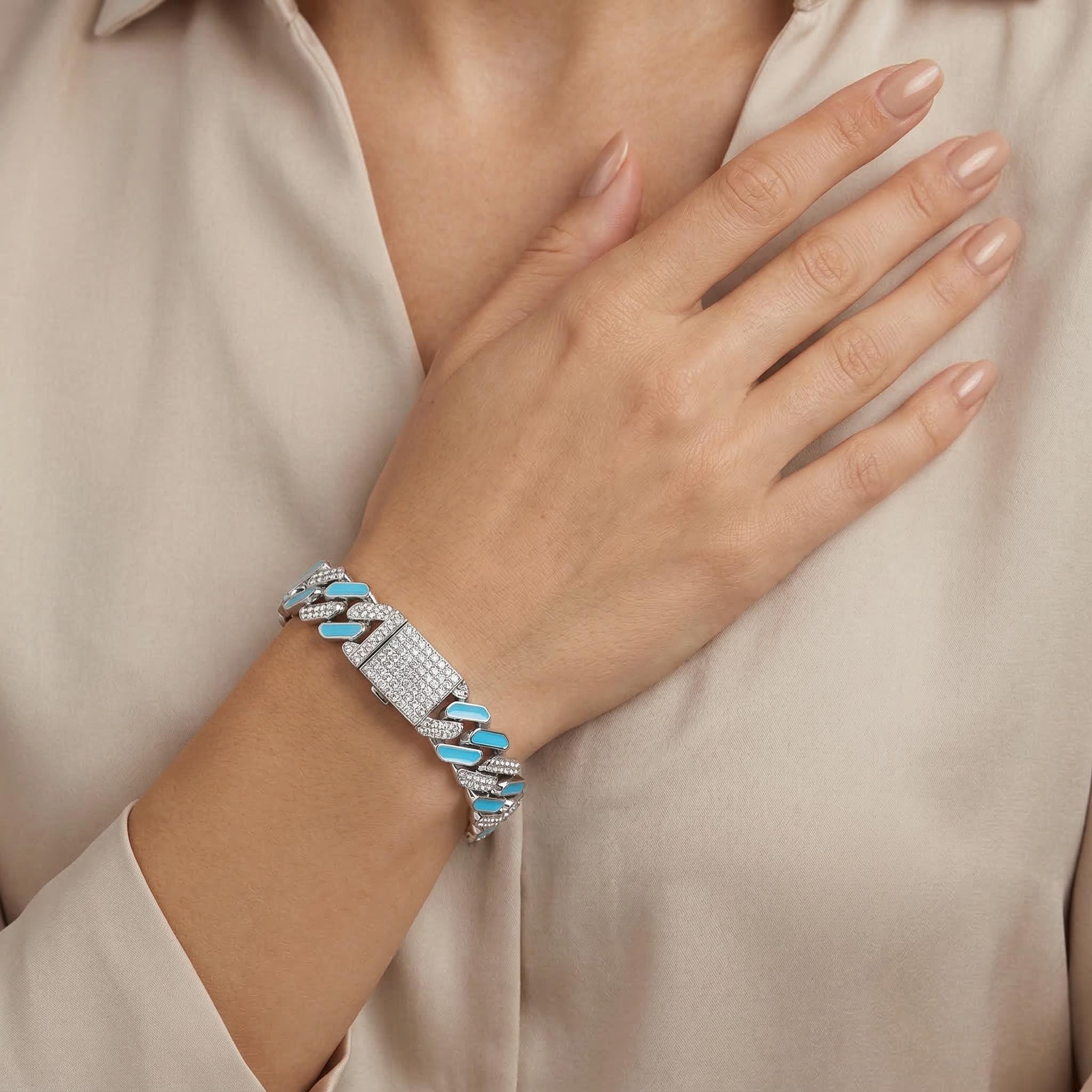Iced Out 11mm White Stones & Blue Enamel Cuban Chain Bracelet In White Gold - Image 3