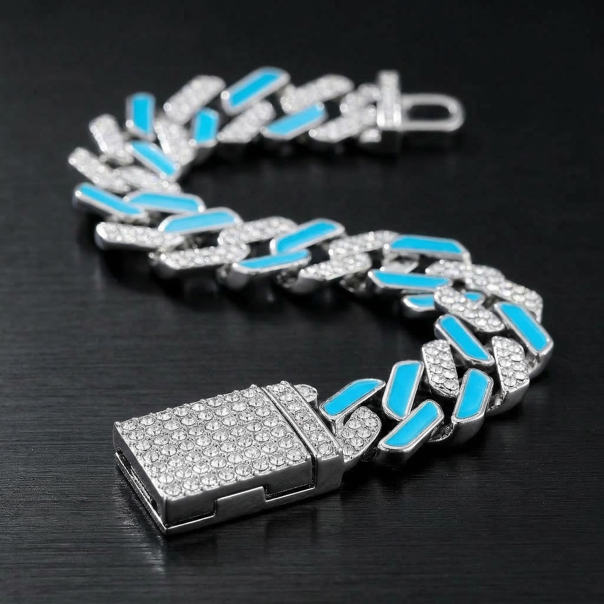 Iced Out 11mm White Stones & Blue Enamel Cuban Chain Bracelet In White Gold - Image 4