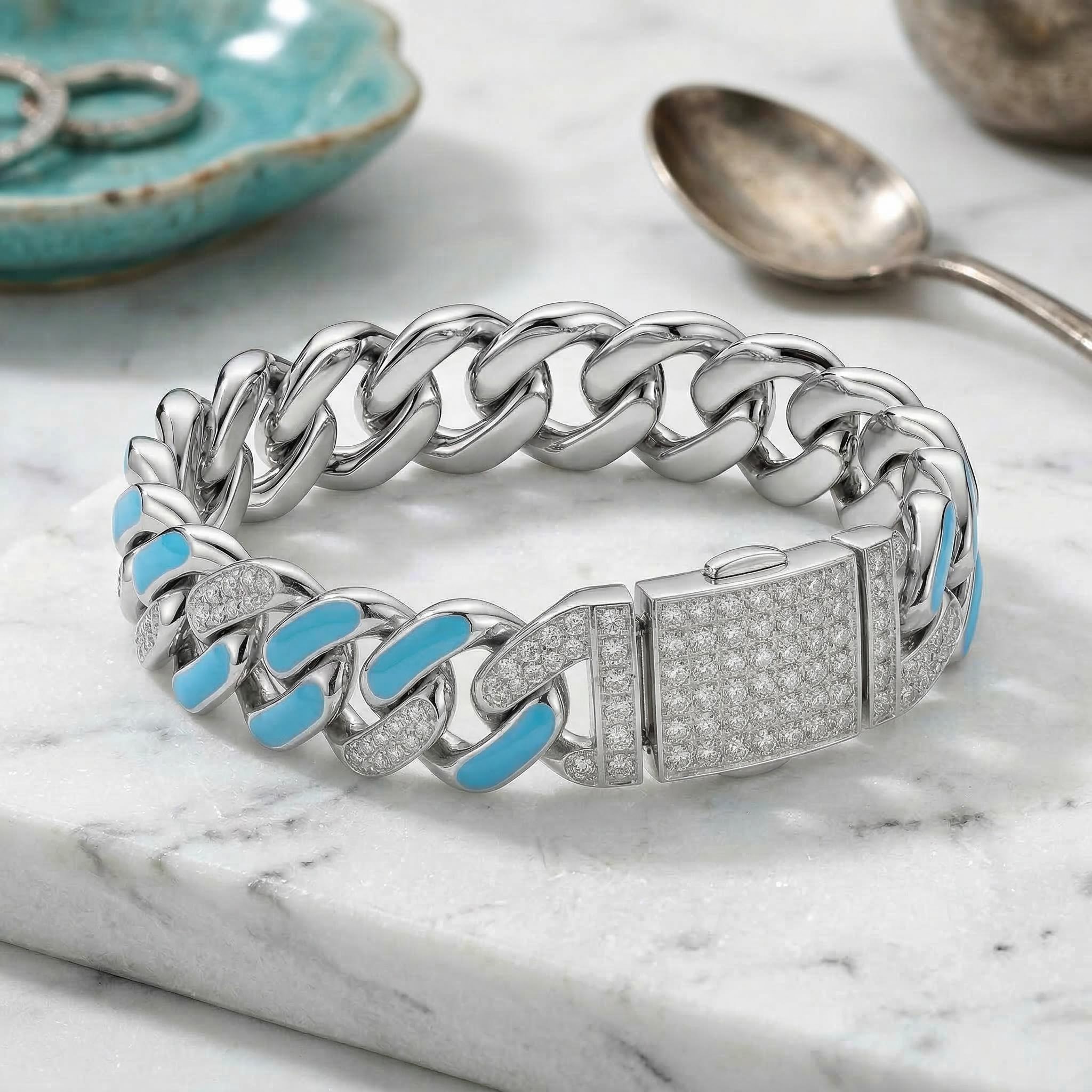 Iced Out 11mm White Stones & Blue Enamel Cuban Chain Bracelet In White Gold - Image 5