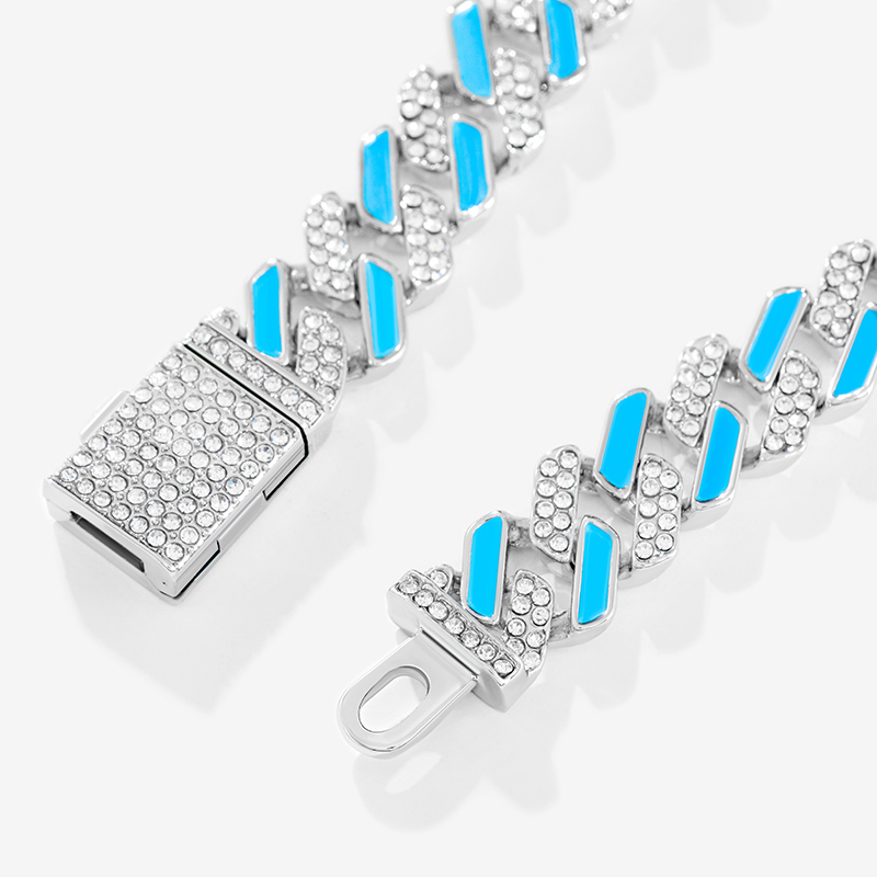 Iced Out 11mm White Stones & Blue Enamel Cuban Chain Bracelet In White Gold - Image 6