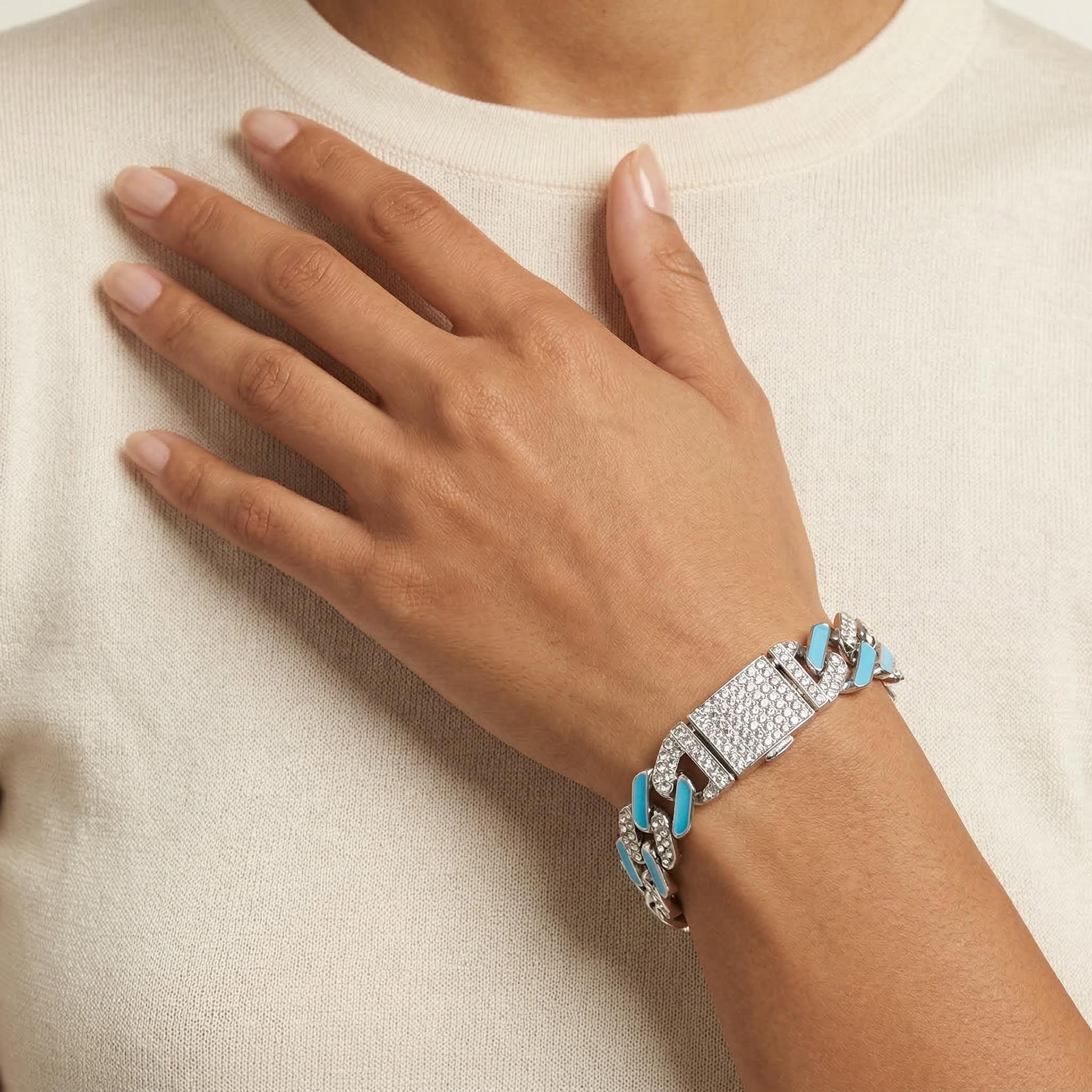 Iced Out 11mm White Stones & Blue Enamel Cuban Chain Bracelet In White Gold - Image 7