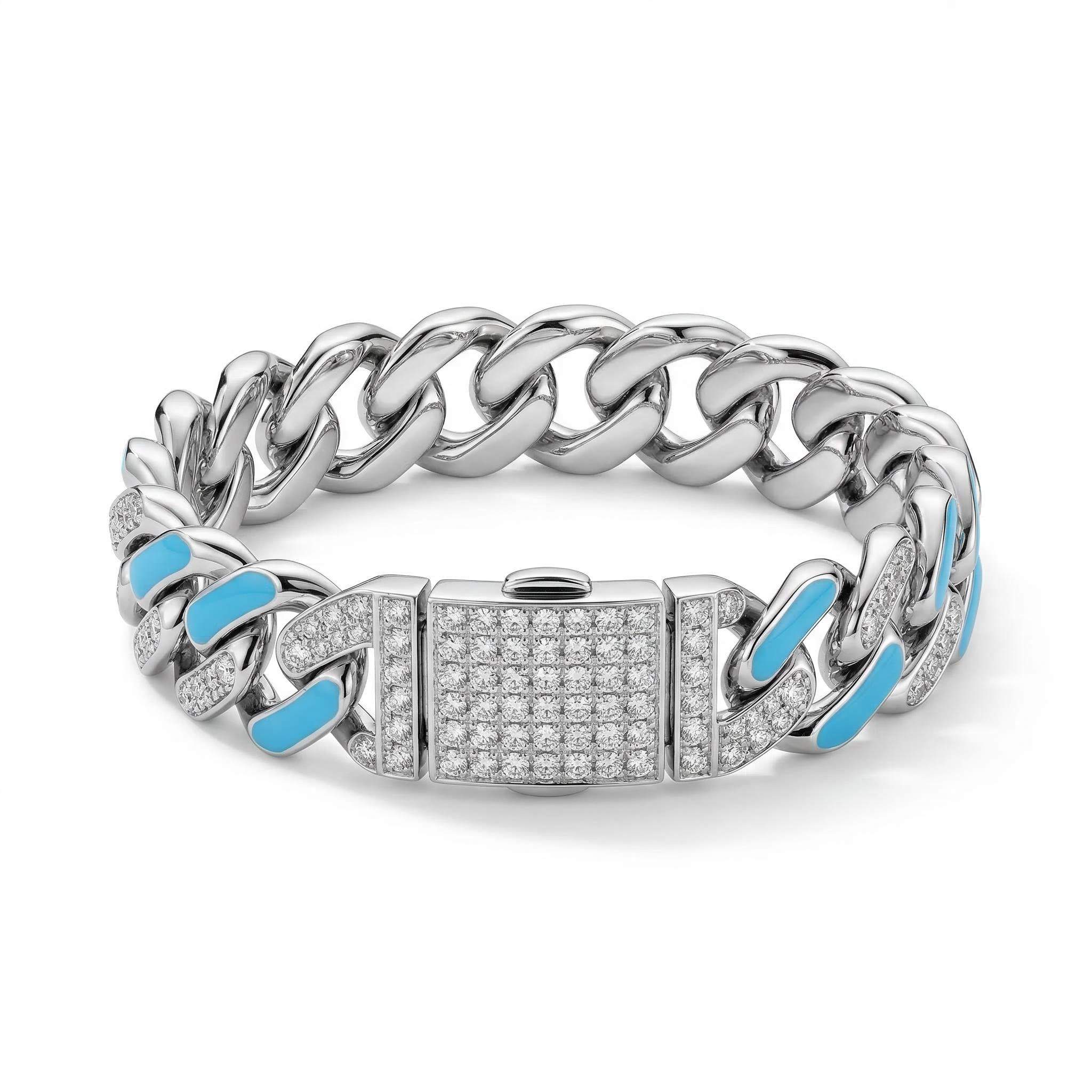 Iced Out 11mm White Stones & Blue Enamel Cuban Chain Bracelet In White Gold