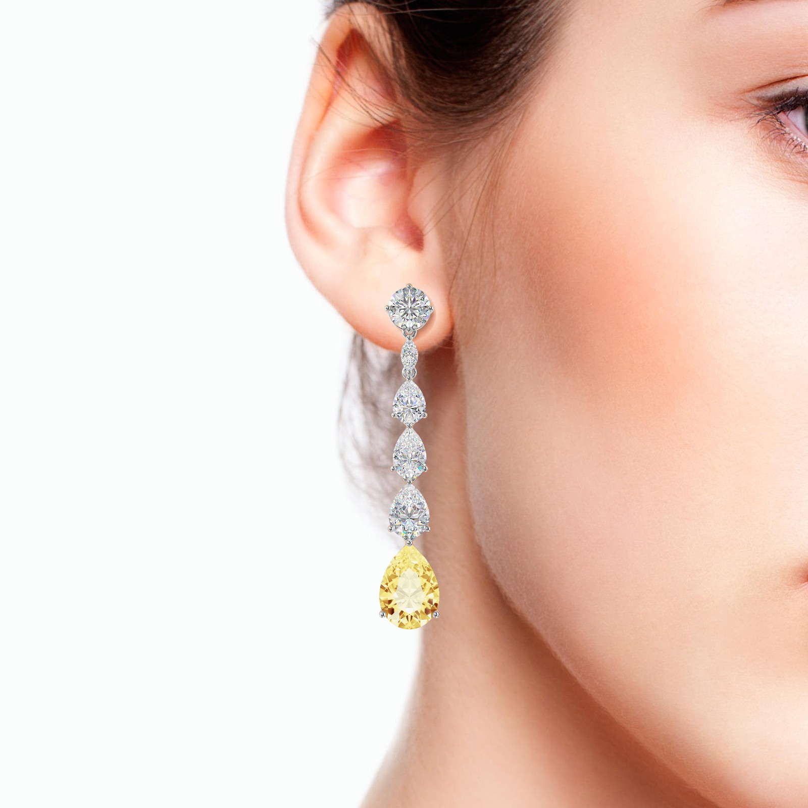Yellow Round & Pear Cut Long Dangle Earrings Gold With Street Luxury Shine - Image 5
