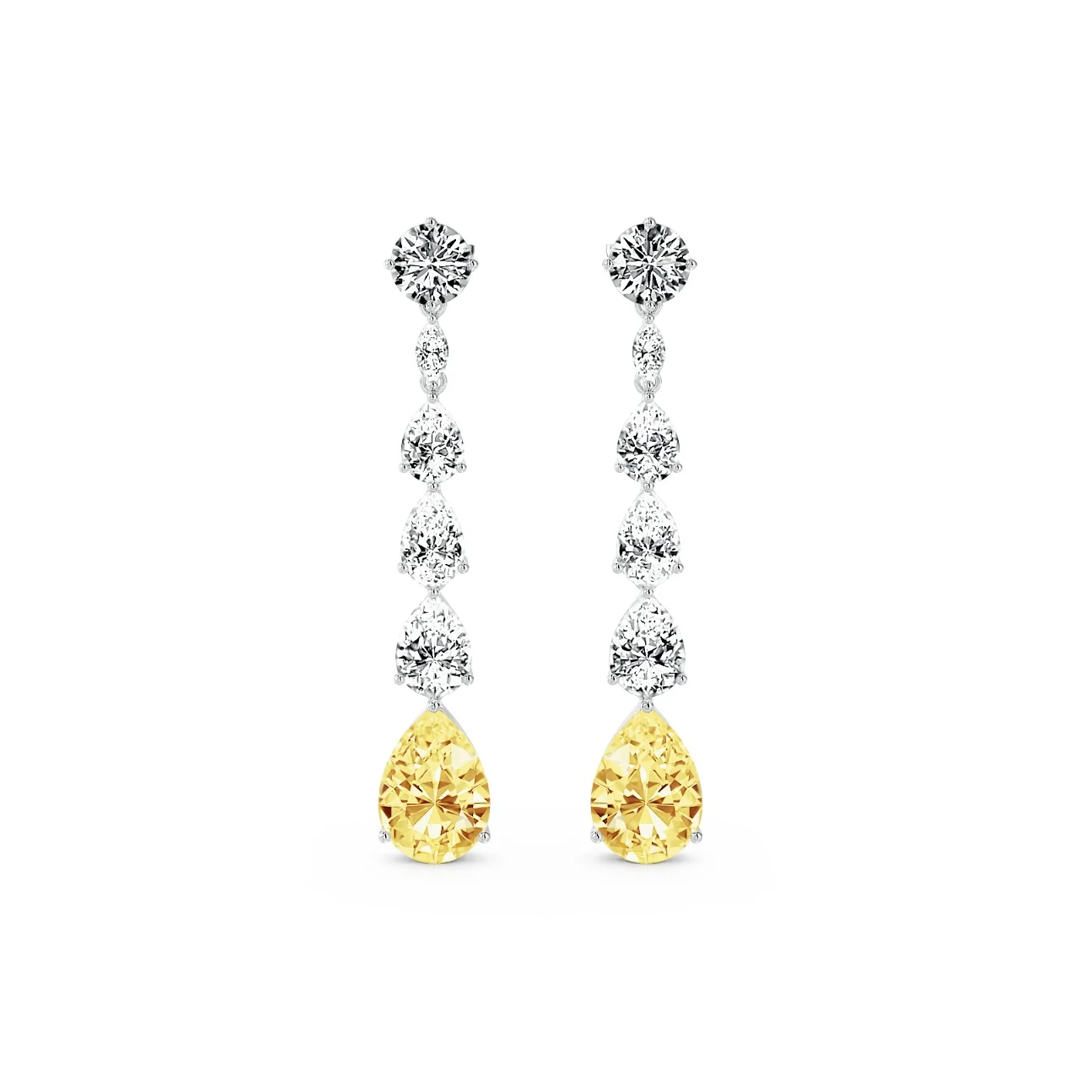 Yellow Round & Pear Cut Long Dangle Earrings Gold With Street Luxury Shine