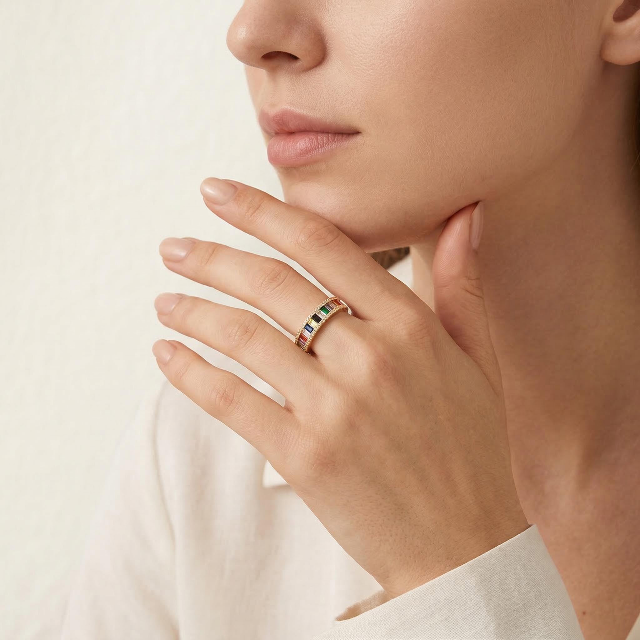 Baguette Multicolor Stone Open Ring Bold Statement Style With Street Luxury - Image 3
