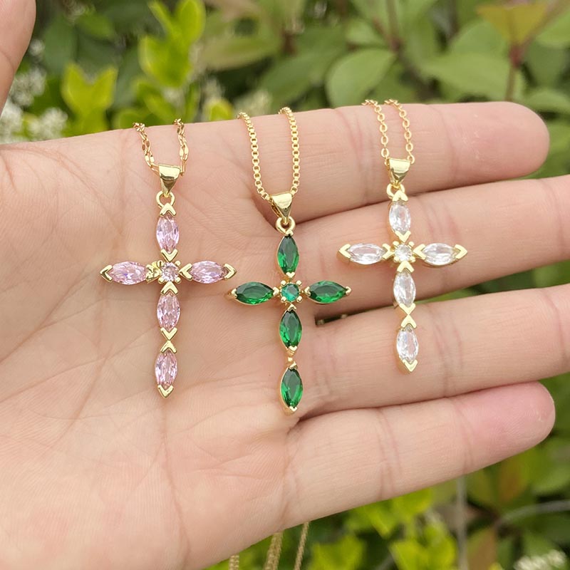Crystal Cross Pendant Gold Plated Necklace With Street Luxury Shine