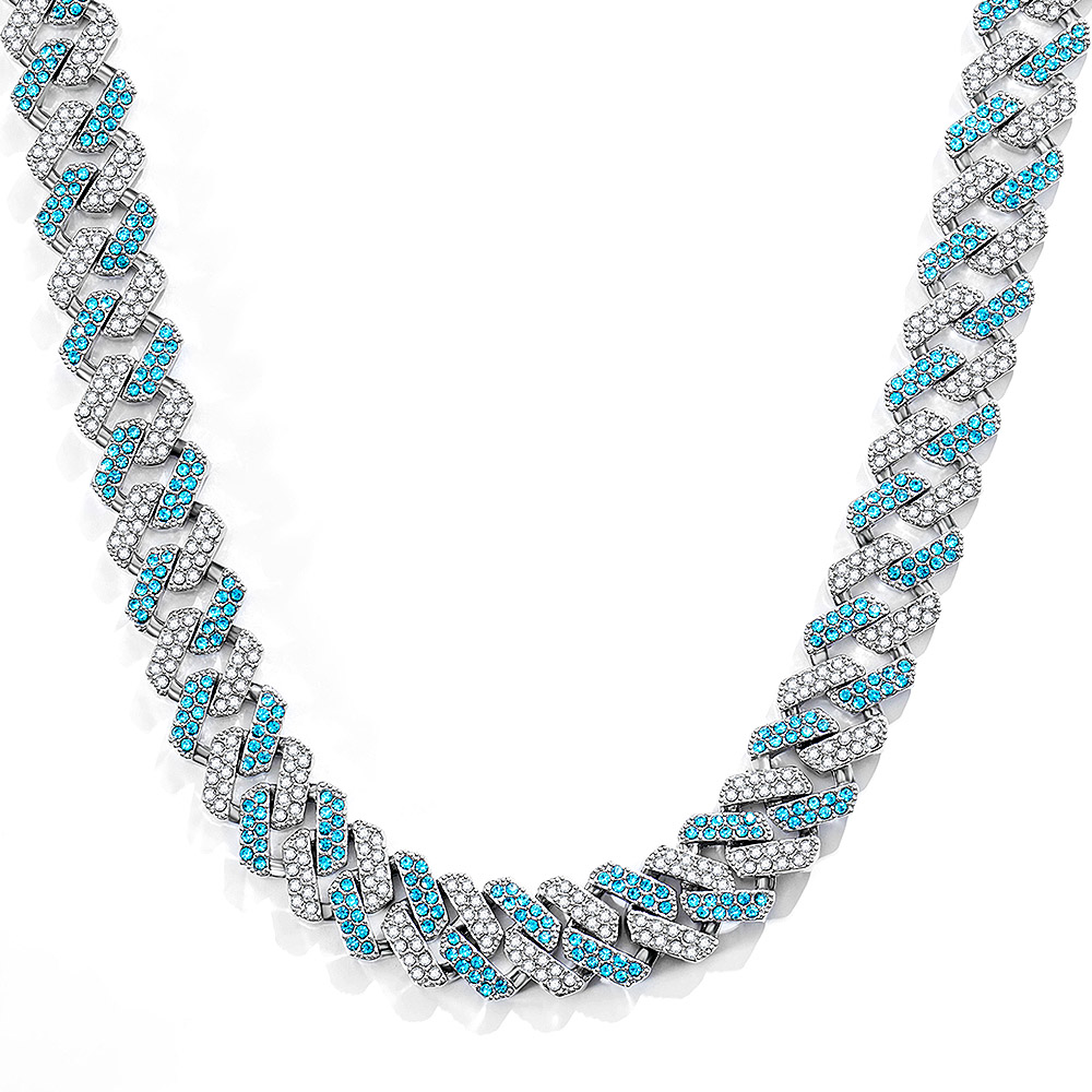 Women's 14mm White & Blue Prong Cuban Chain In White Gold Iced Out