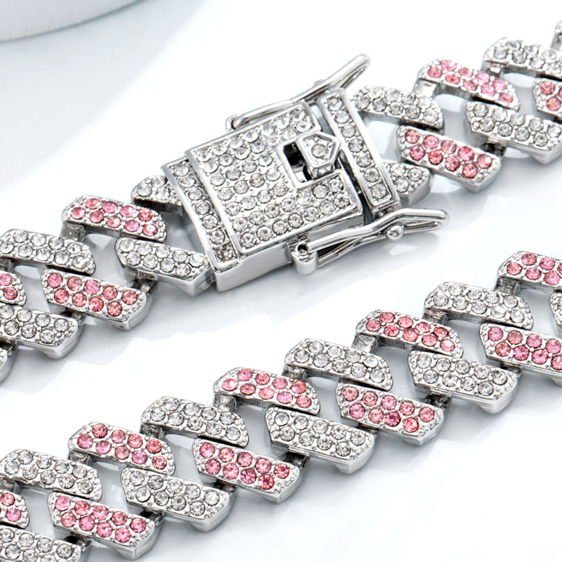 Women's 14mm White & Pink Prong Cuban Chain In White Gold Iced Out - Image 3