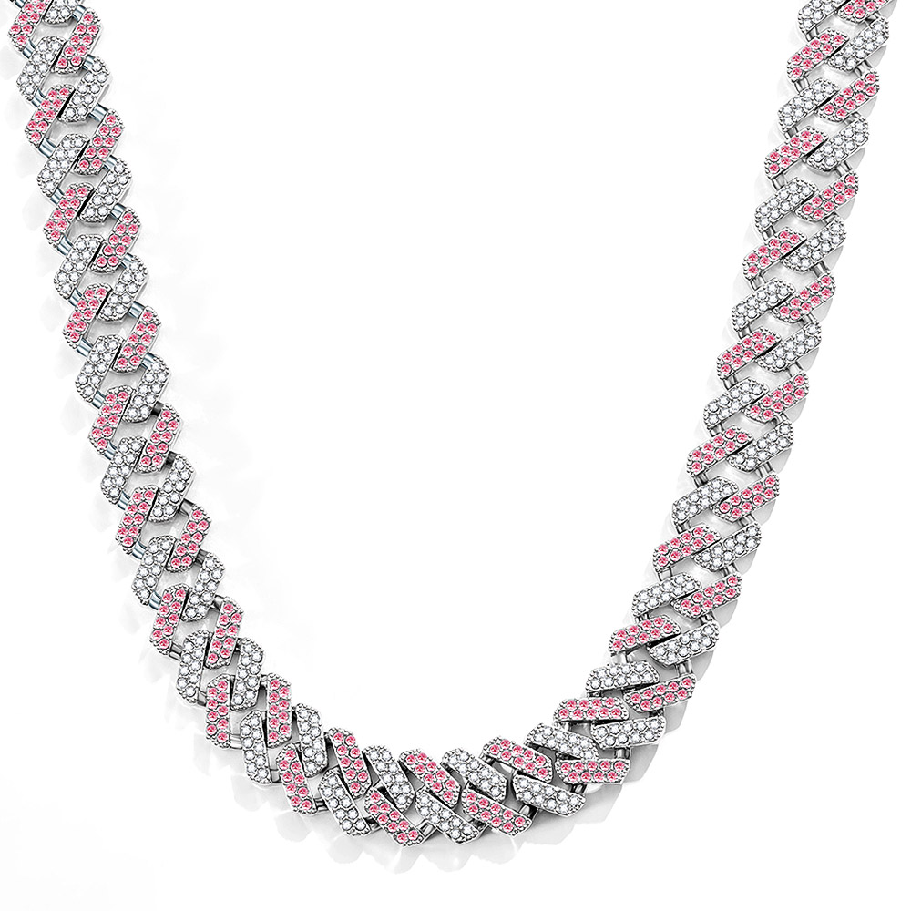 Women's 14mm White & Pink Prong Cuban Chain In White Gold Iced Out