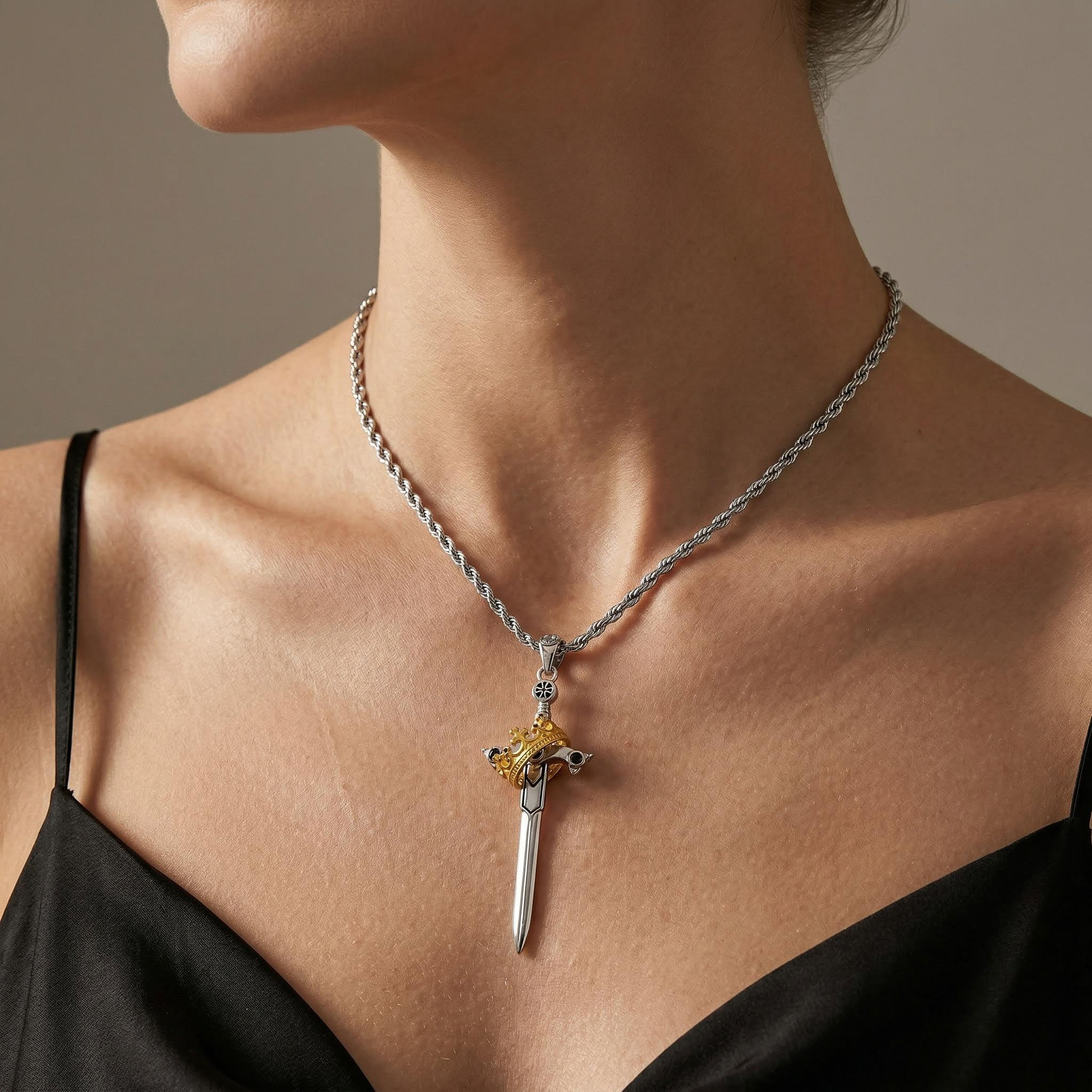 Iced Out Two Tone Sword & Crown Necklace Pendant With Street Luxury Shine - Image 3