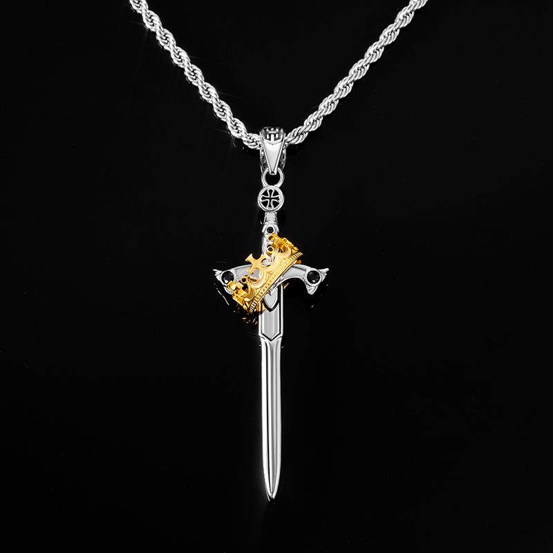 Iced Out Two Tone Sword & Crown Necklace Pendant With Street Luxury Shine - Image 4