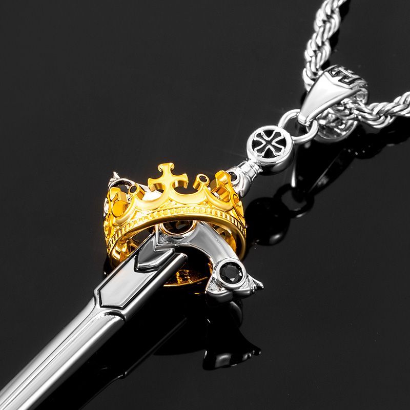 Iced Out Two Tone Sword & Crown Necklace Pendant With Street Luxury Shine - Image 5