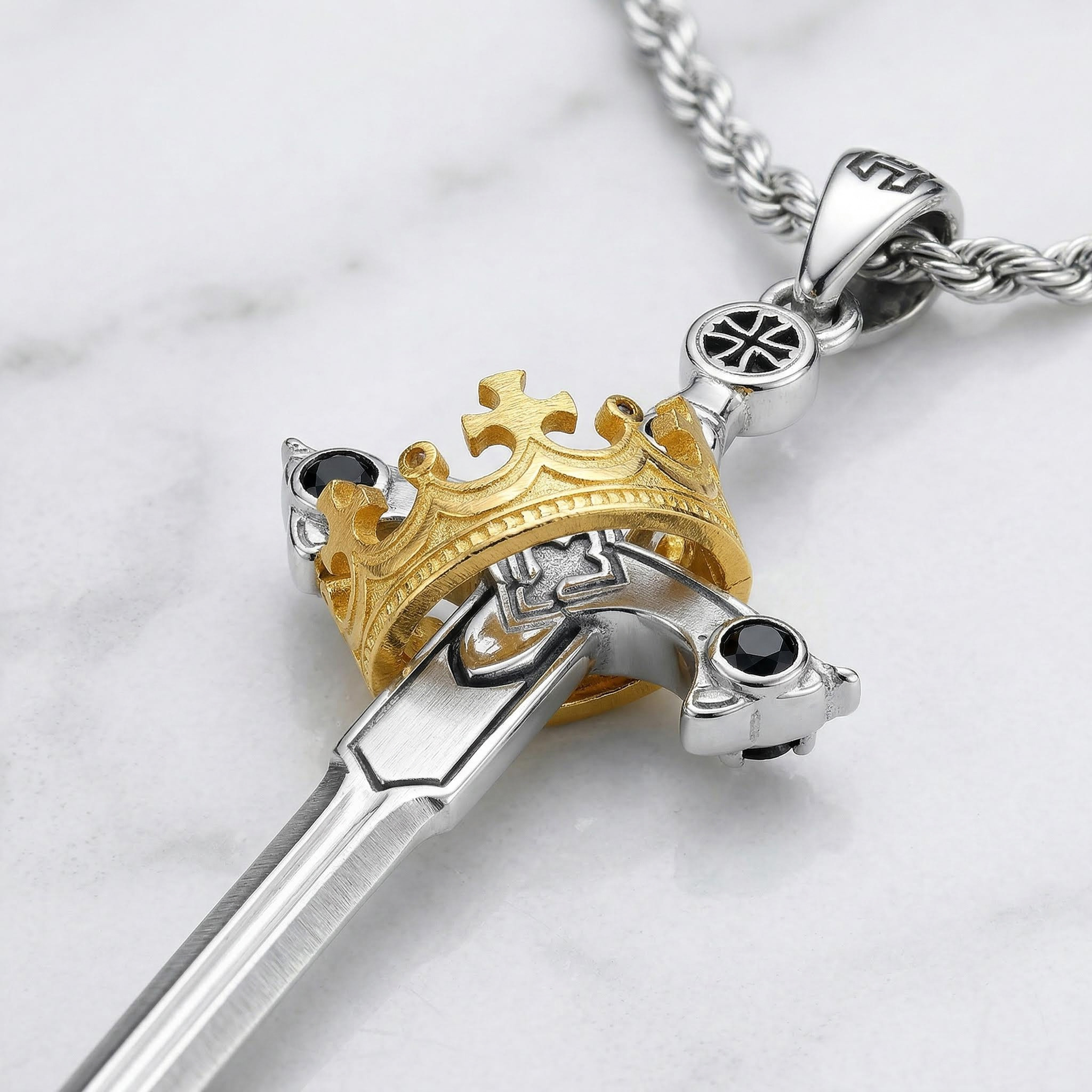 Iced Out Two Tone Sword & Crown Necklace Pendant With Street Luxury Shine - Image 7