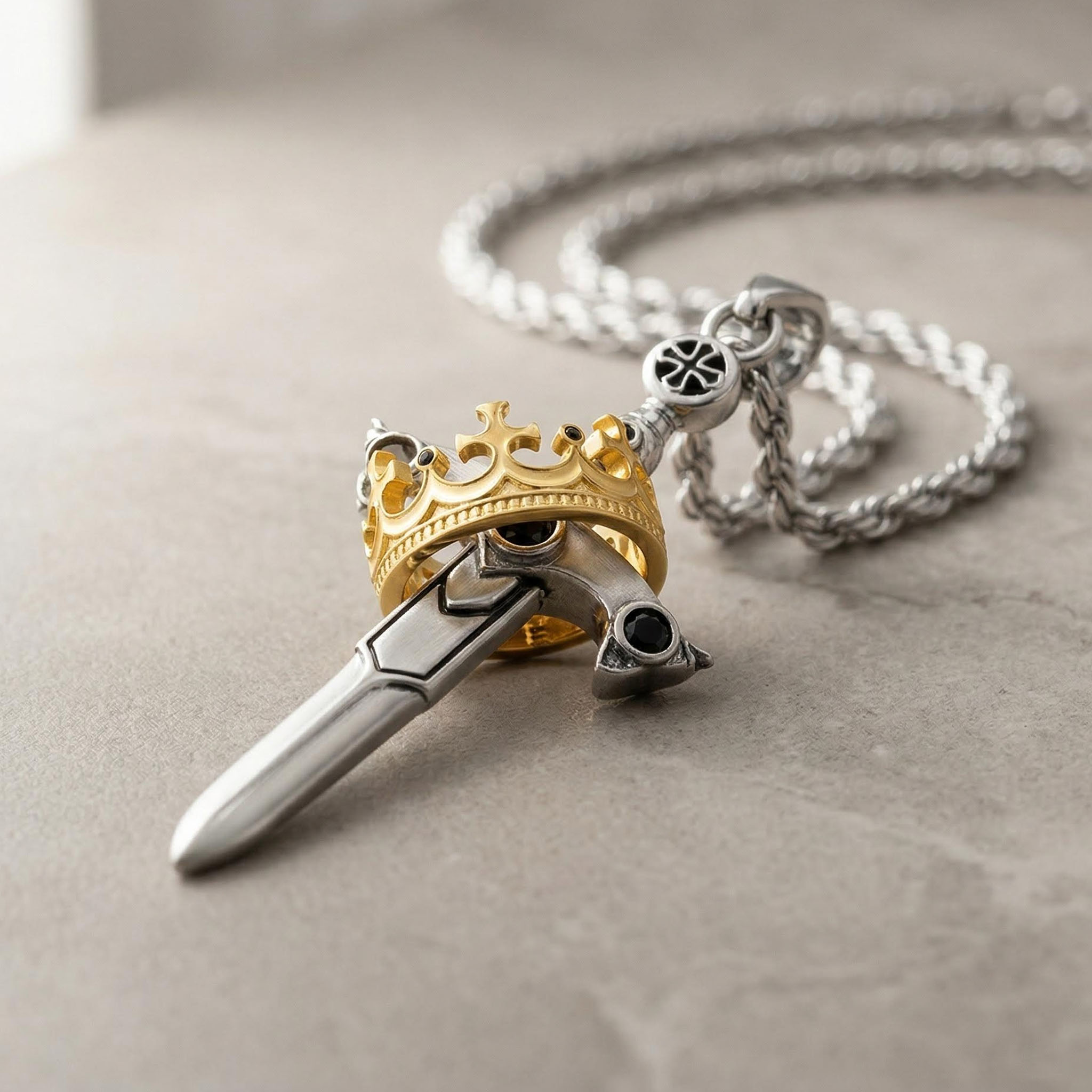 Iced Out Two Tone Sword & Crown Necklace Pendant With Street Luxury Shine - Image 8