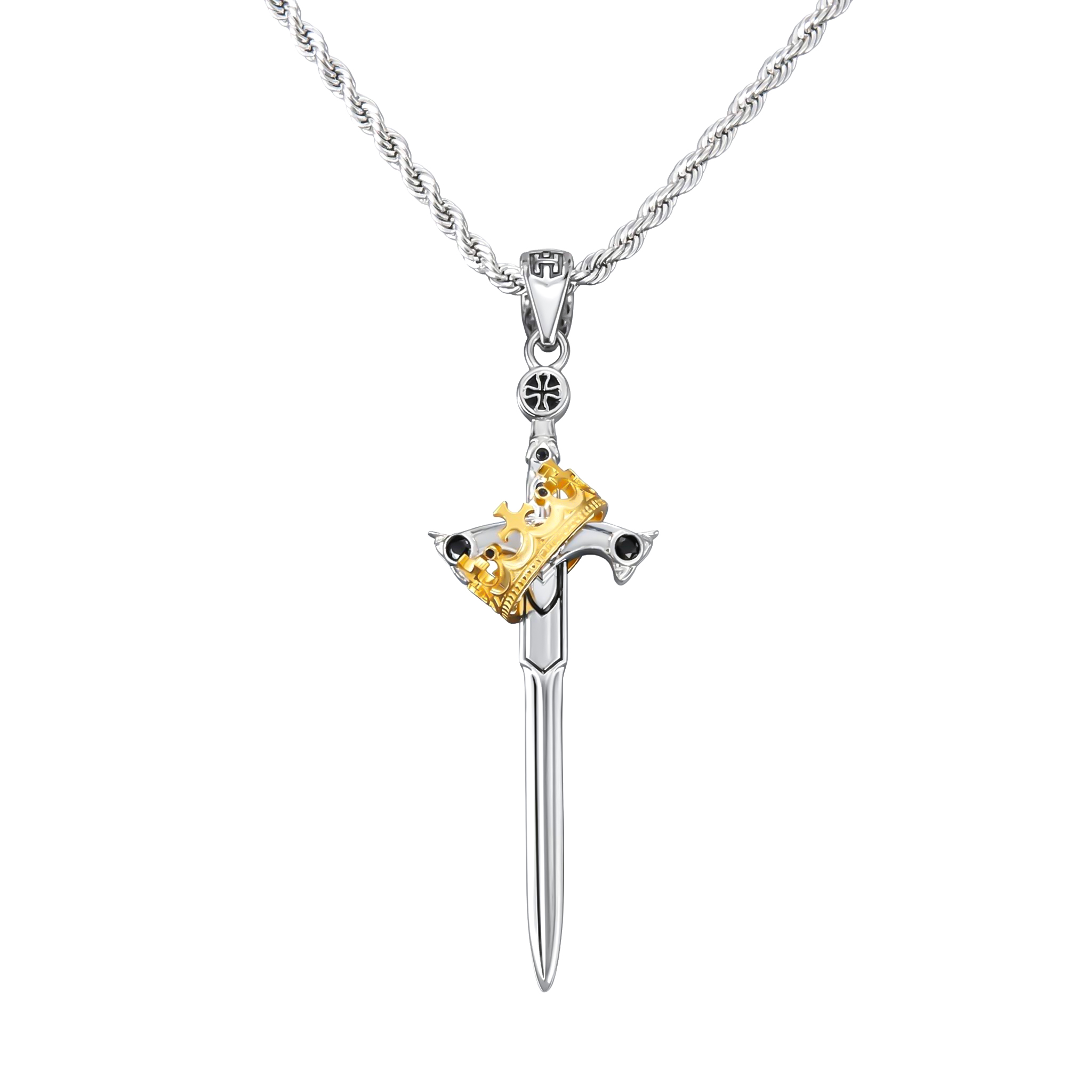 Iced Out Two Tone Sword & Crown Necklace Pendant With Street Luxury Shine