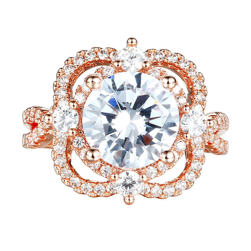 3.5 Ct Round Cut Floral Engagement Ring In Rose Gold With Gold Shine