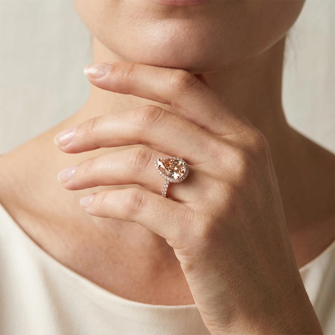 Halo Pear Cut Engagement Ring In Rose Gold With Street Luxury Shine - Image 3