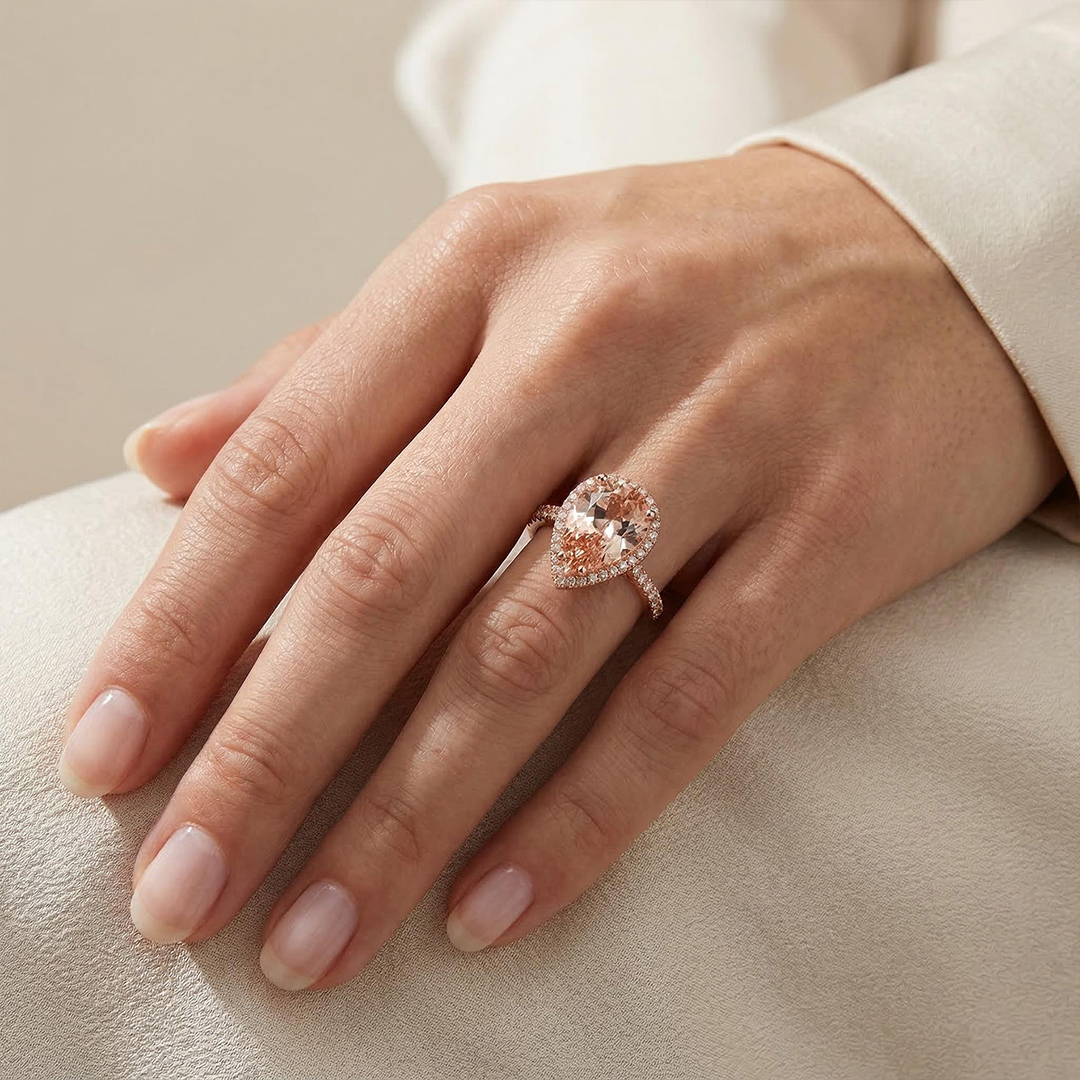 Halo Pear Cut Engagement Ring In Rose Gold With Street Luxury Shine - Image 5