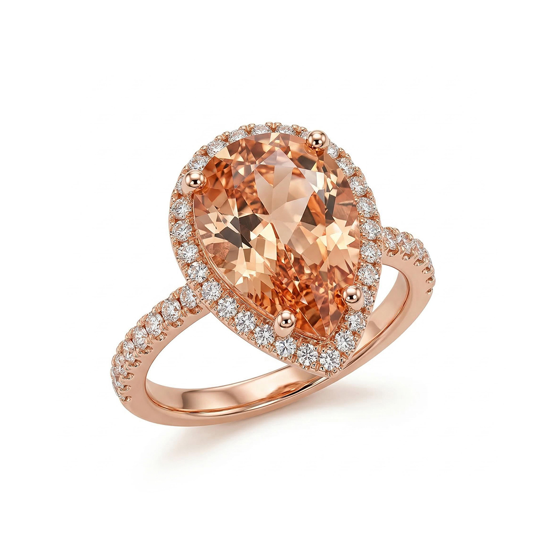 Halo Pear Cut Engagement Ring In Rose Gold With Street Luxury Shine