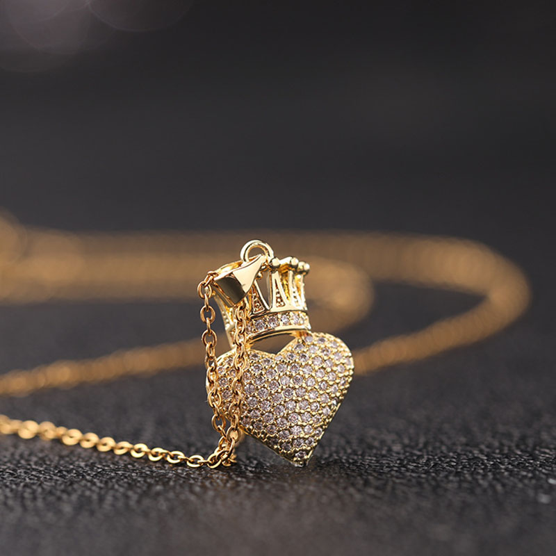 Iced Out Heart & Crown Pendant Necklace Gold With Street Luxury Shine - Image 3