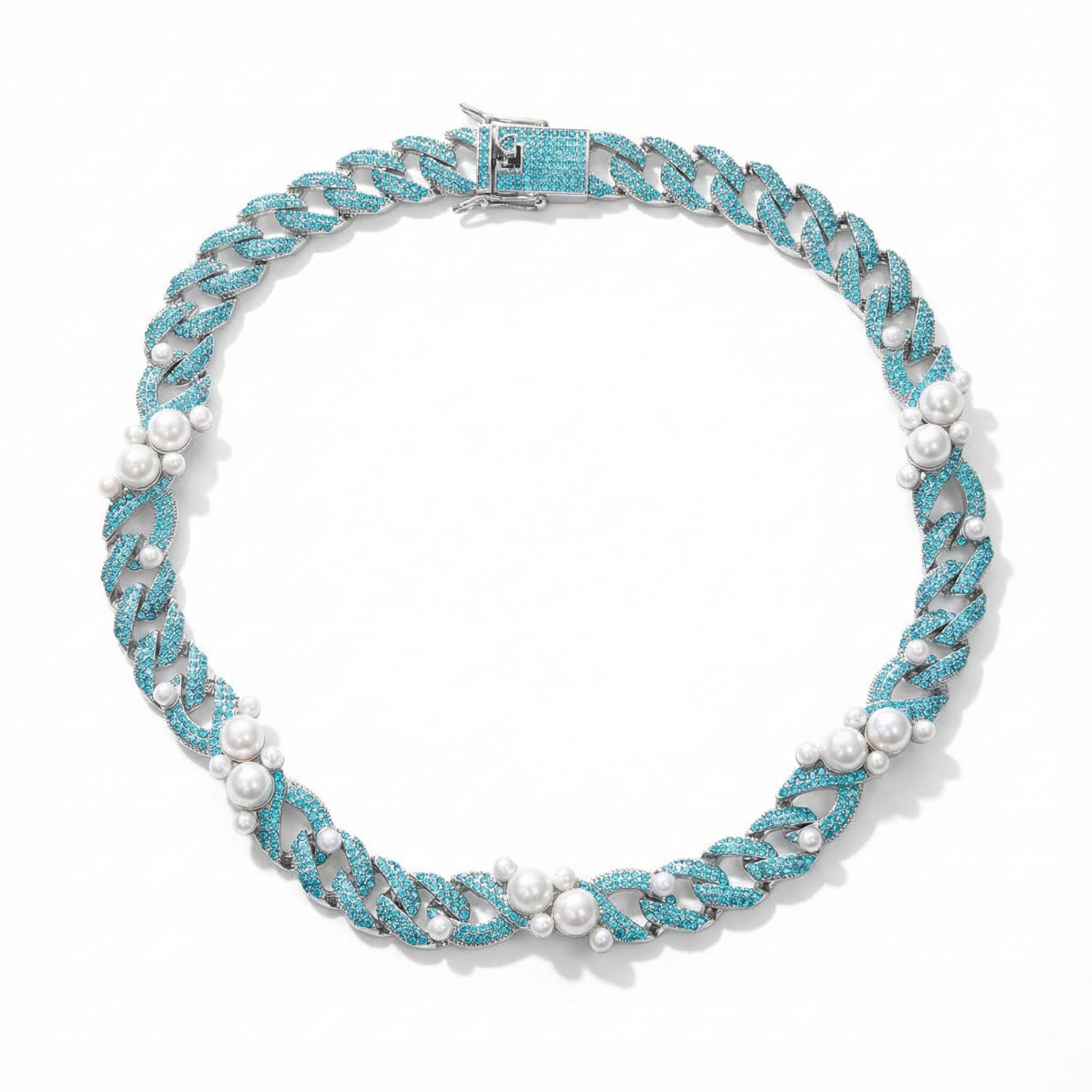 Street Luxury 13mm Iced Out Pearl Cuban Chain In White Gold-white/pink/blue