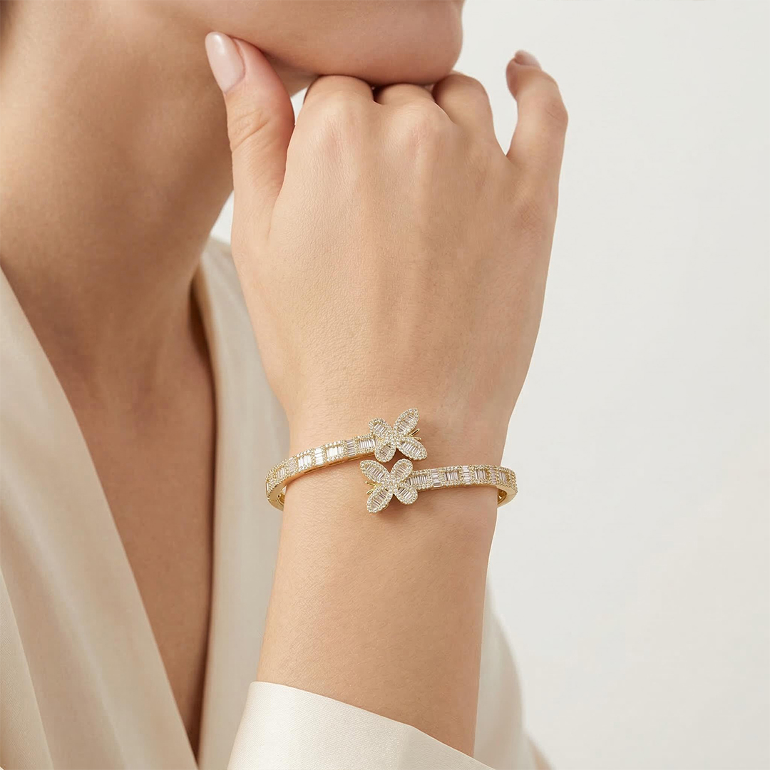 Iced Out Baguette Cut Butterfly Bangle Bracelet With Street Luxury Shine - Image 5