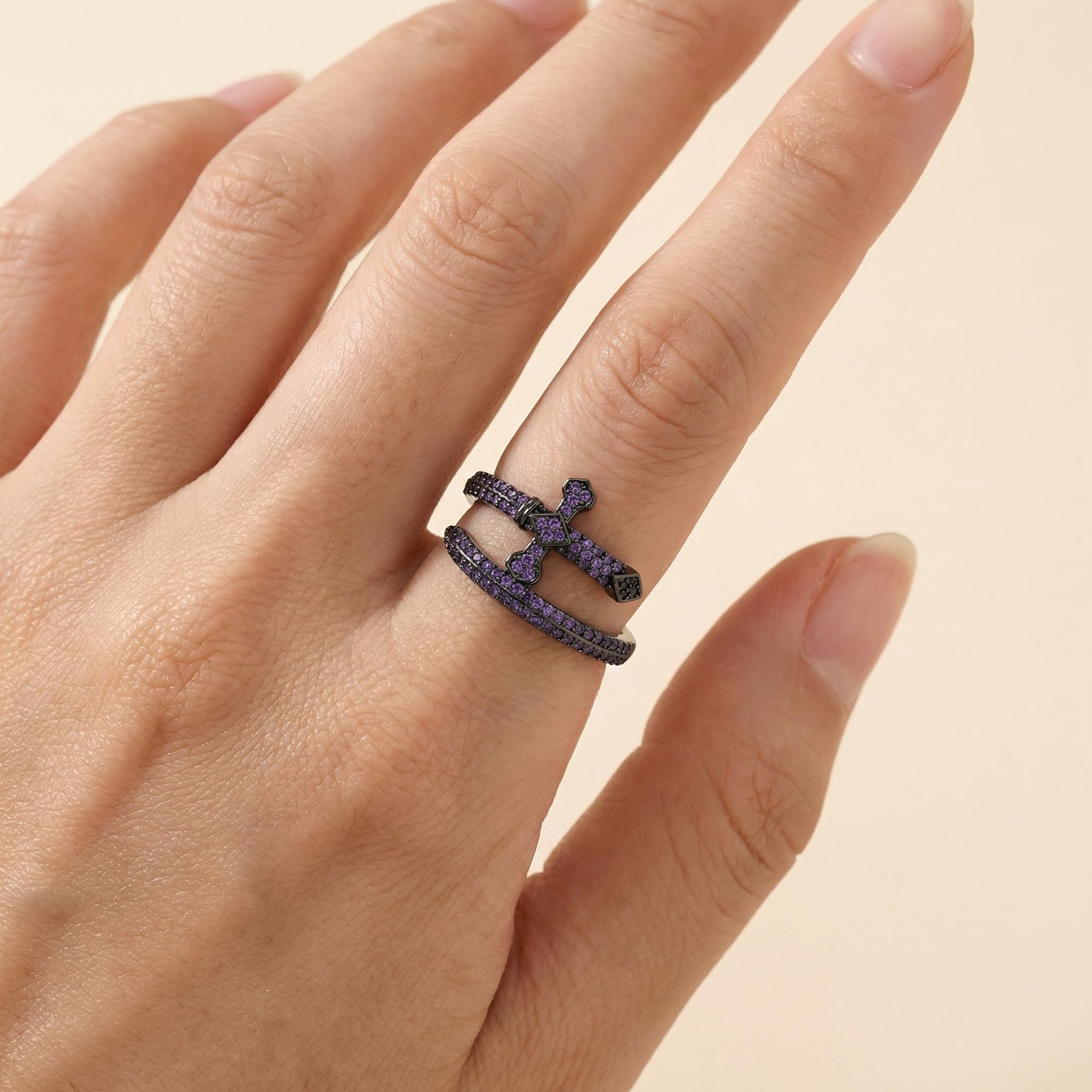 Women's Iced Out Sword Open Ring - Purple/white With Street Luxury Shine - Image 3