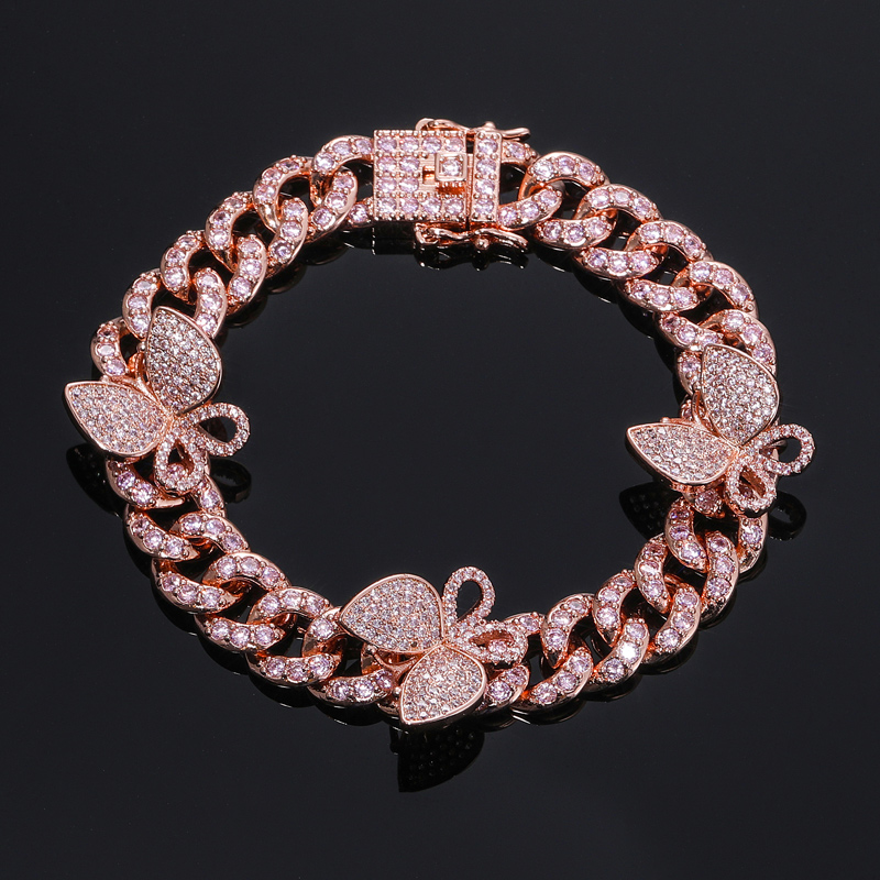 Iced Out Butterfly Cuban Chain Bracelet-white/pink Stones Gold - Image 5