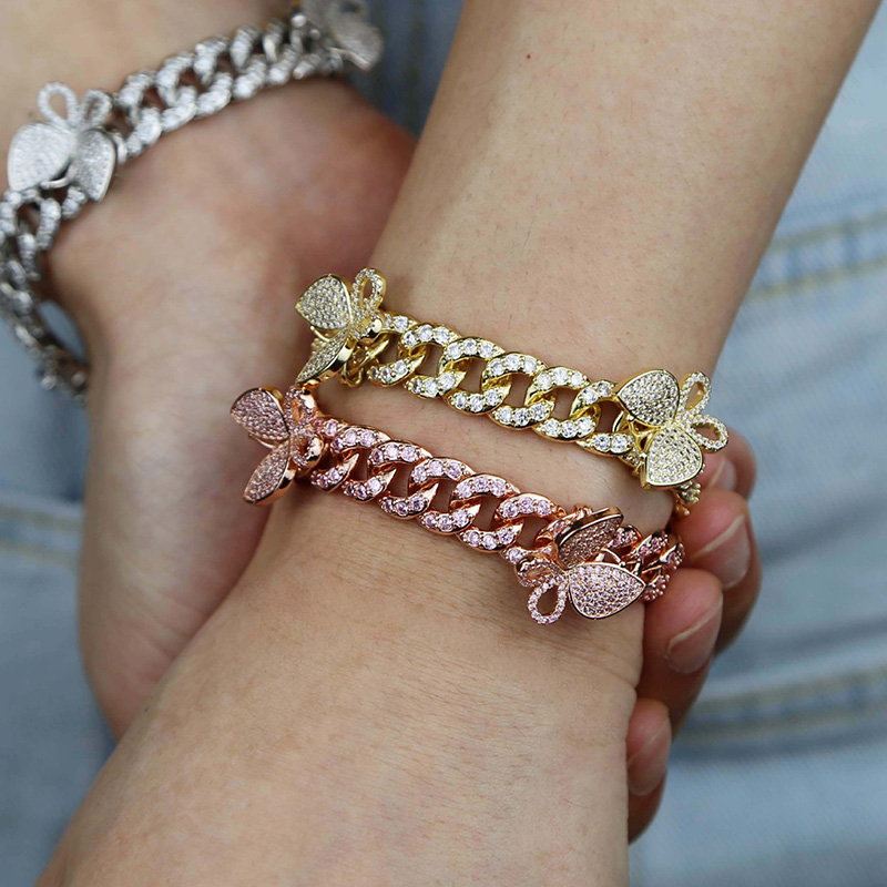 Iced Out Butterfly Cuban Chain Bracelet-white/pink Stones Gold - Image 6