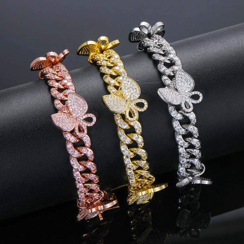 Iced Out Butterfly Cuban Chain Bracelet-white/pink Stones Gold