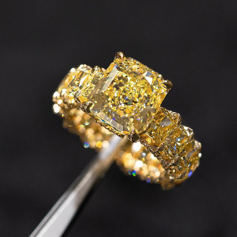 Street Luxury Radiant Cut Yellow Diamonds Golden Tone Engagement Ring - Image 3