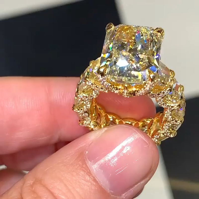 Street Luxury Radiant Cut Yellow Diamonds Golden Tone Engagement Ring - Image 4