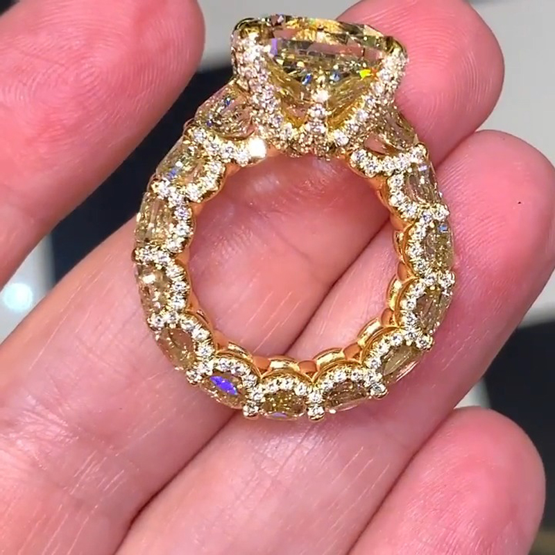 Street Luxury Radiant Cut Yellow Diamonds Golden Tone Engagement Ring - Image 5