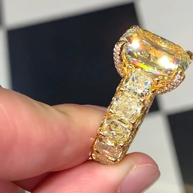 Street Luxury Radiant Cut Yellow Diamonds Golden Tone Engagement Ring - Image 6