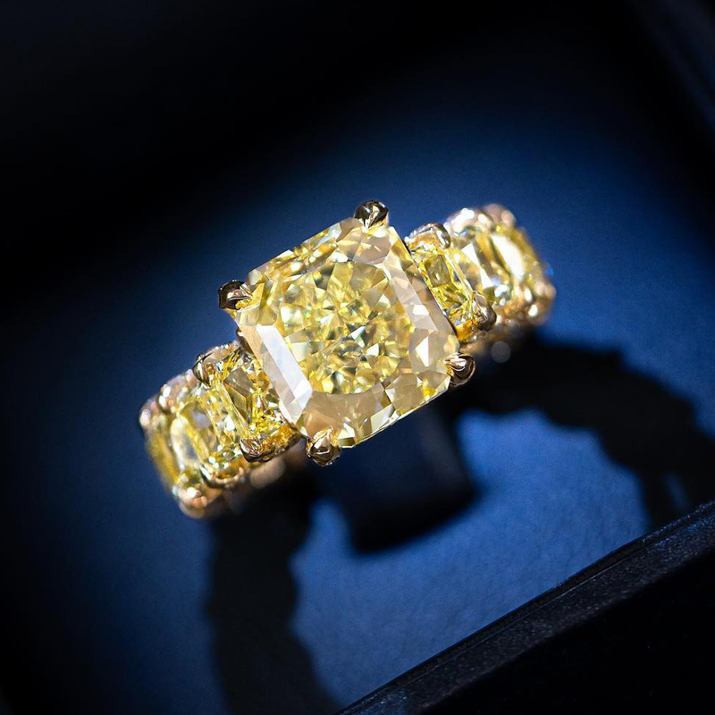Street Luxury Radiant Cut Yellow Diamonds Golden Tone Engagement Ring