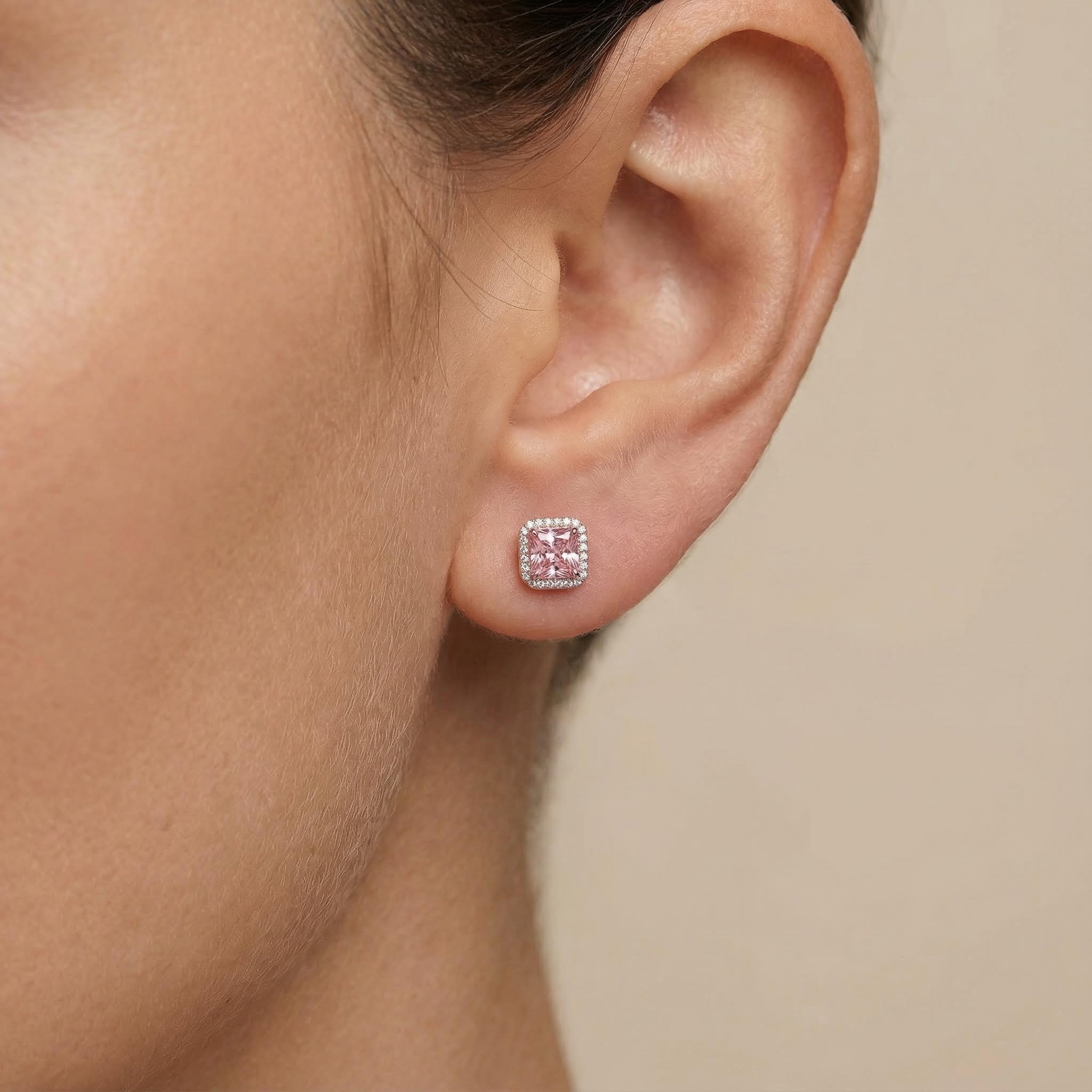 Pink Radiant Cut Halo S925 Silver Earrings With Street Luxury Shine - Image 4