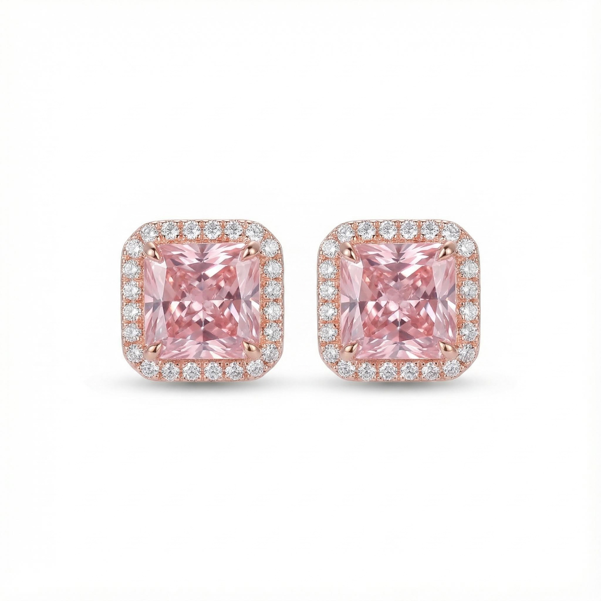 Pink Radiant Cut Halo S925 Silver Earrings With Street Luxury Shine