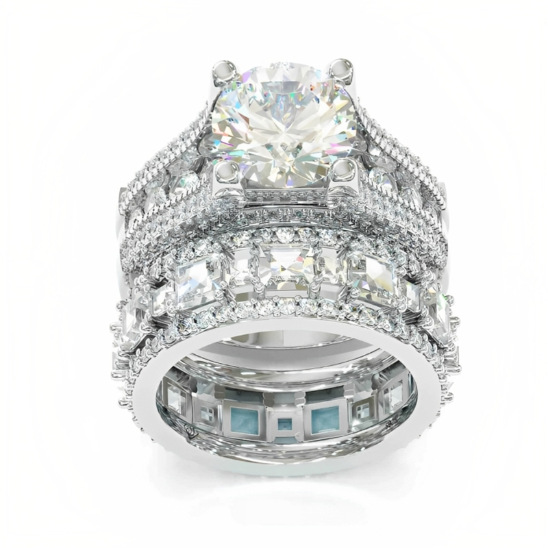 Lustrous Round Cut Engagement Halo Sterling Silver Ring Set Iced Out - Image 3