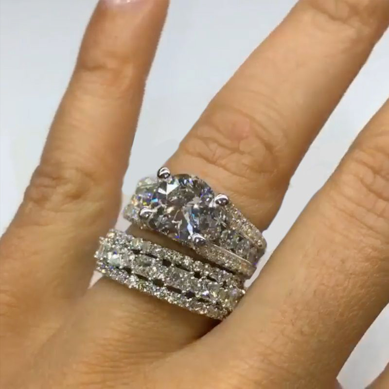 Lustrous Round Cut Engagement Halo Sterling Silver Ring Set Iced Out - Image 5
