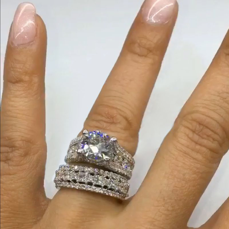 Lustrous Round Cut Engagement Halo Sterling Silver Ring Set Iced Out - Image 6