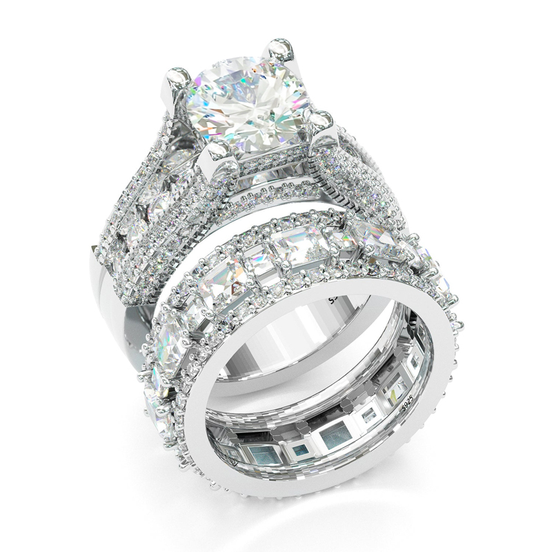 Lustrous Round Cut Engagement Halo Sterling Silver Ring Set Iced Out