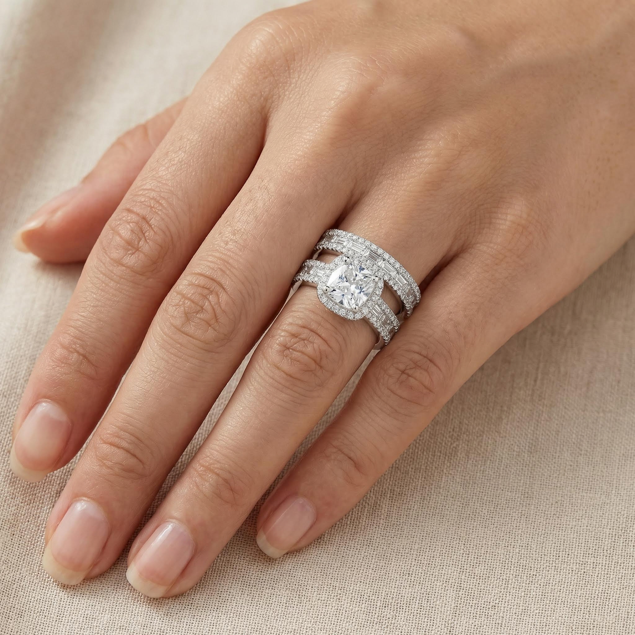Charming Halo Cushion Cut Sterling Silver Ring Set With Iced Out Shine - Image 3