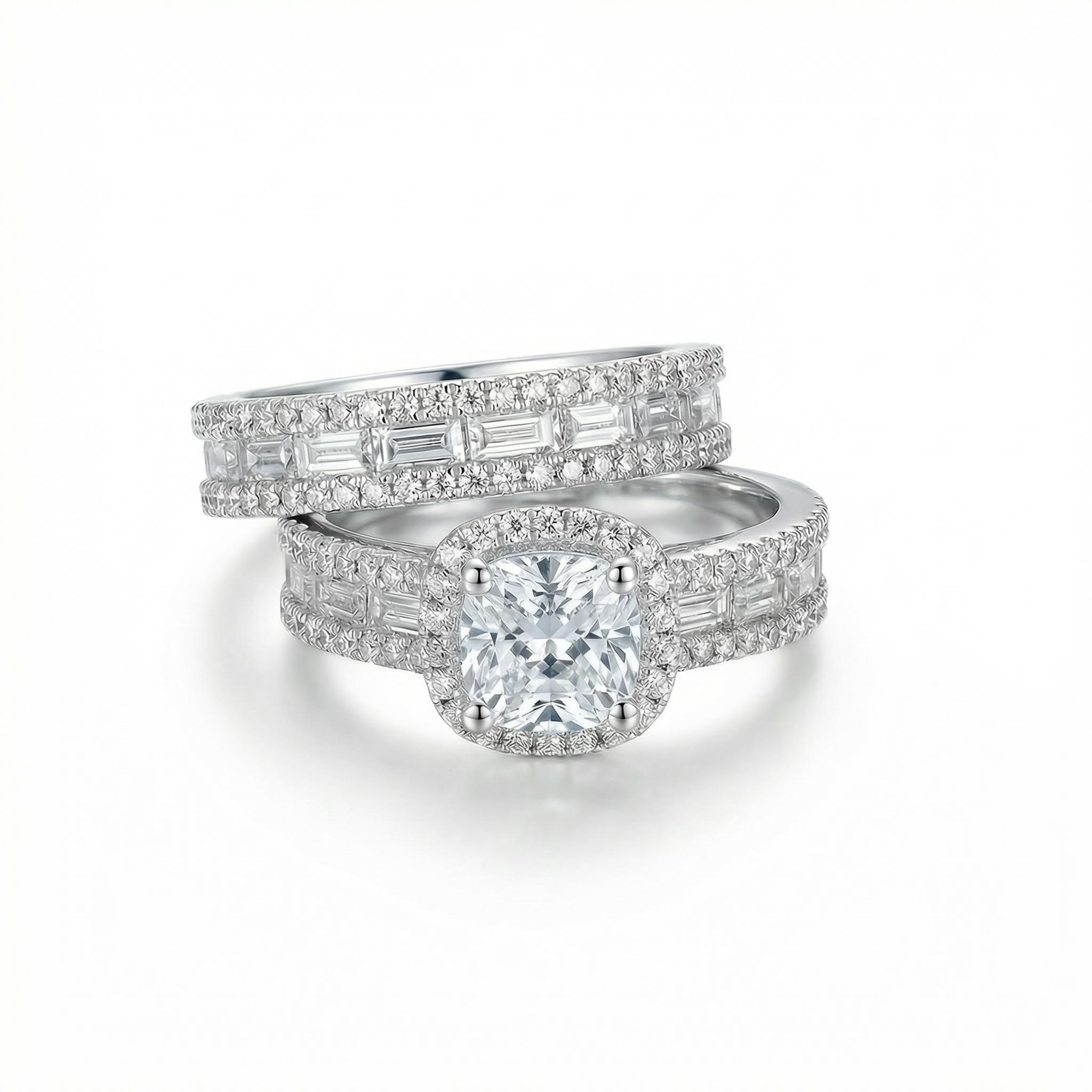 Charming Halo Cushion Cut Sterling Silver Ring Set With Iced Out Shine