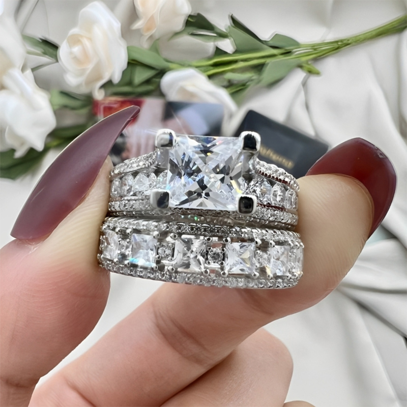 Classic Princess Cut Engagement Ring Set Silver With Street Luxury Shine - Image 3